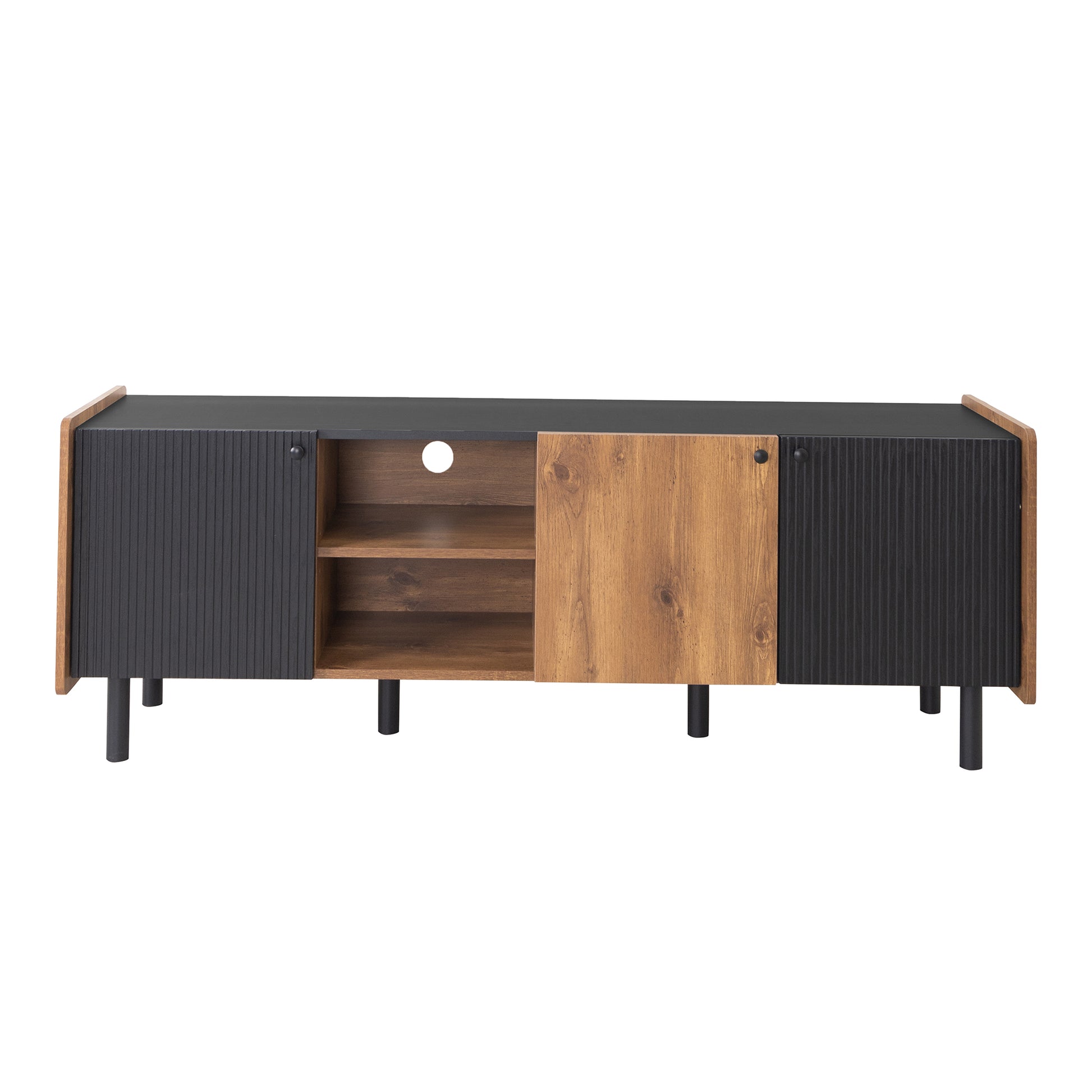 Black fluted door media console with wood accents and open shelves