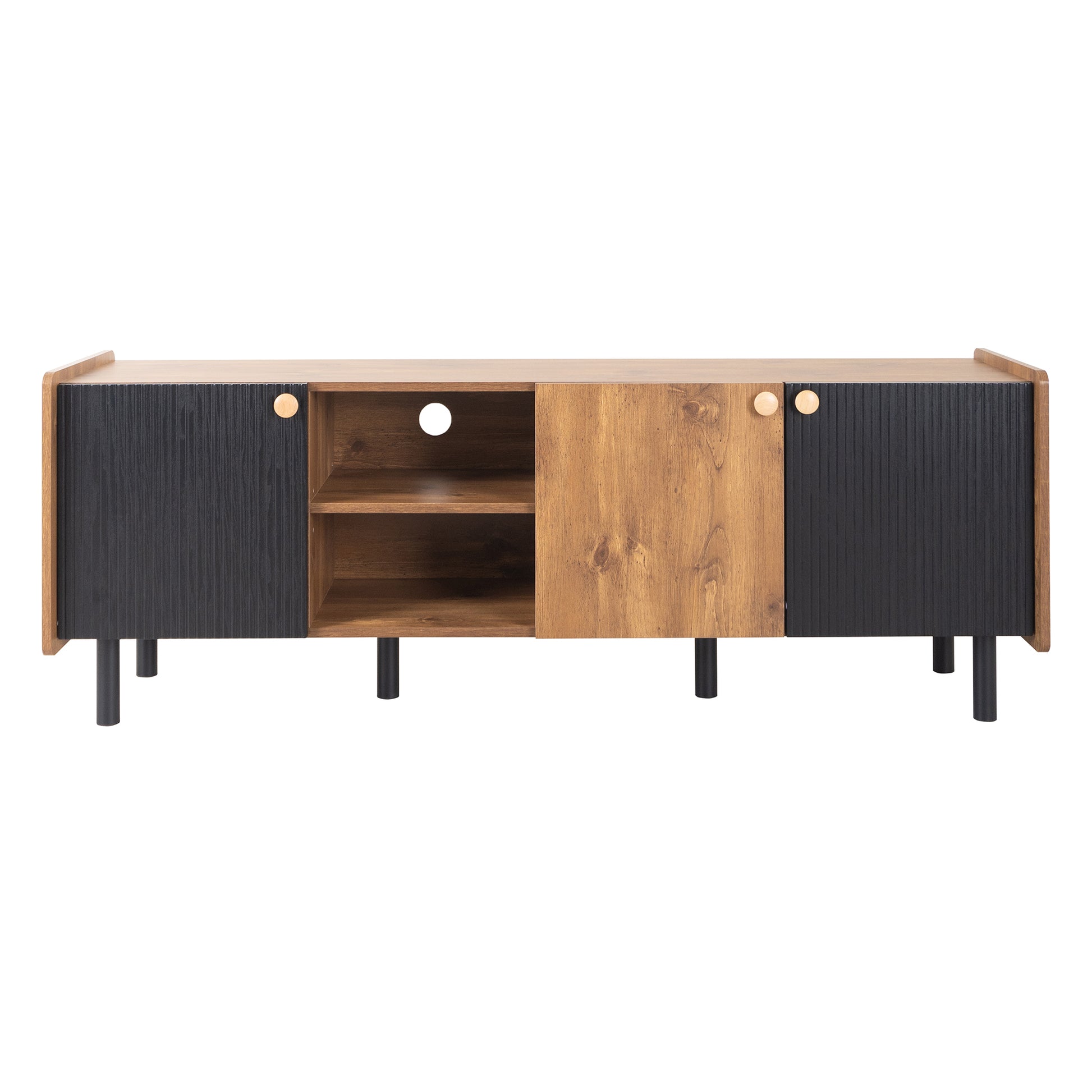 Modern media console with two black fluted doors and natural wood accents