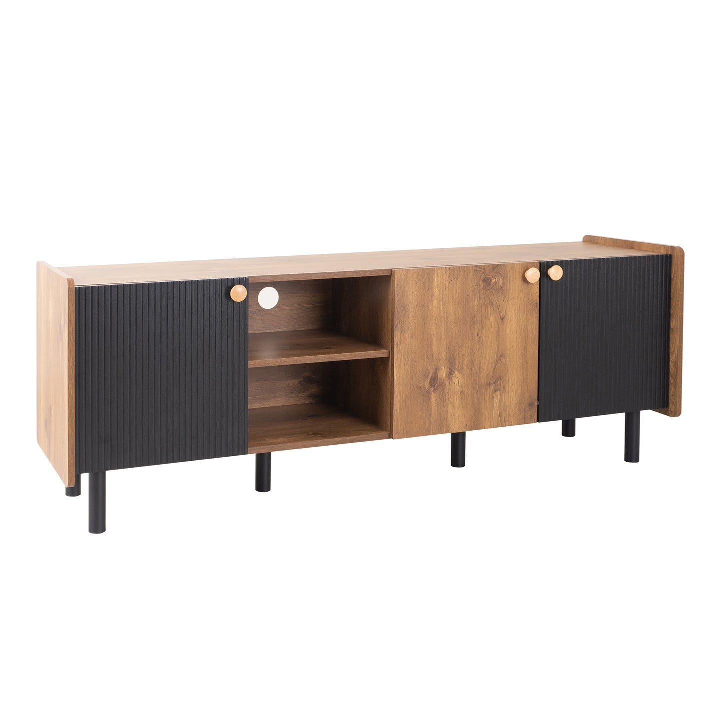 Modern wooden media console with black ribbed doors and gold knobs