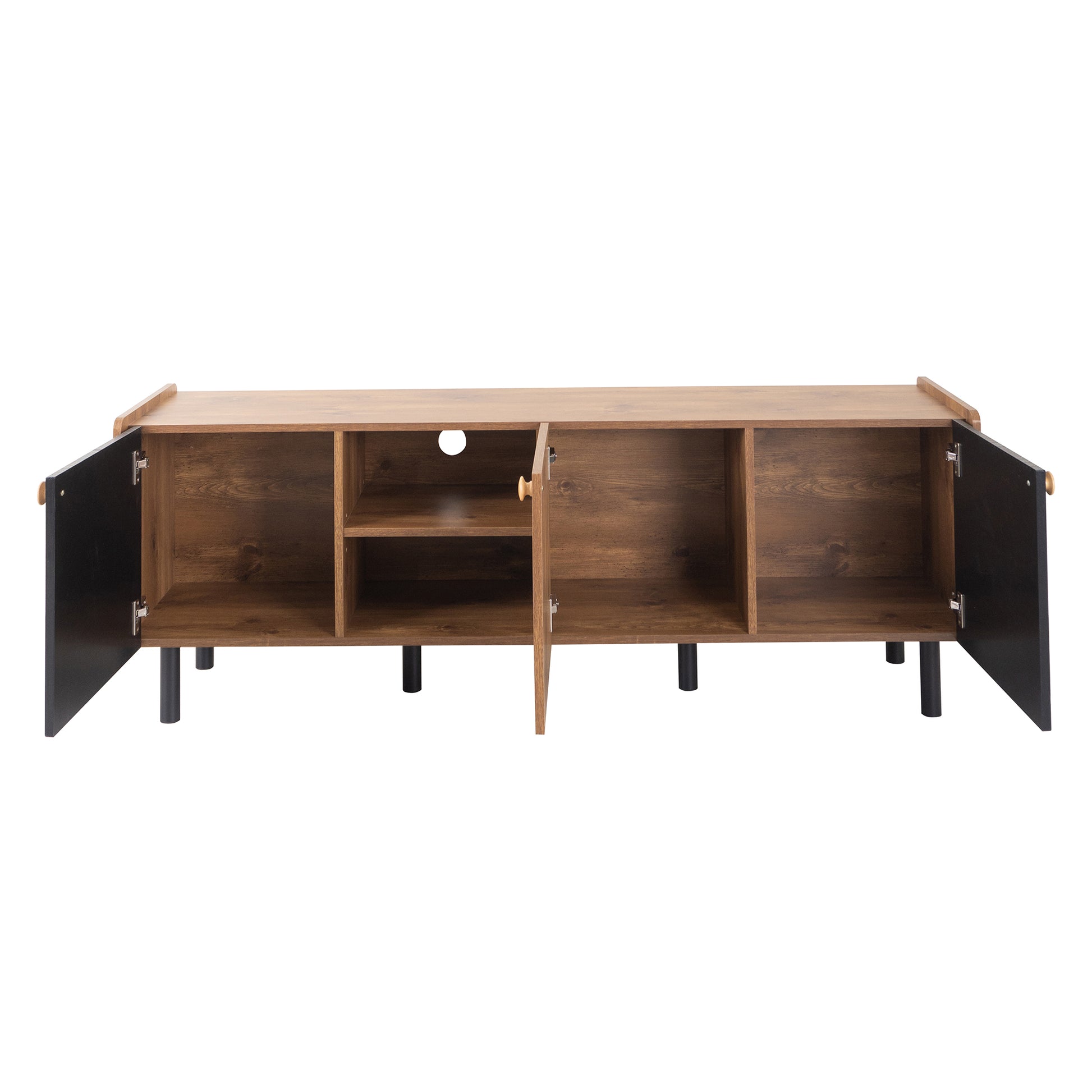 Modern wood TV stand with open shelving and black doors ideal for media consoles
