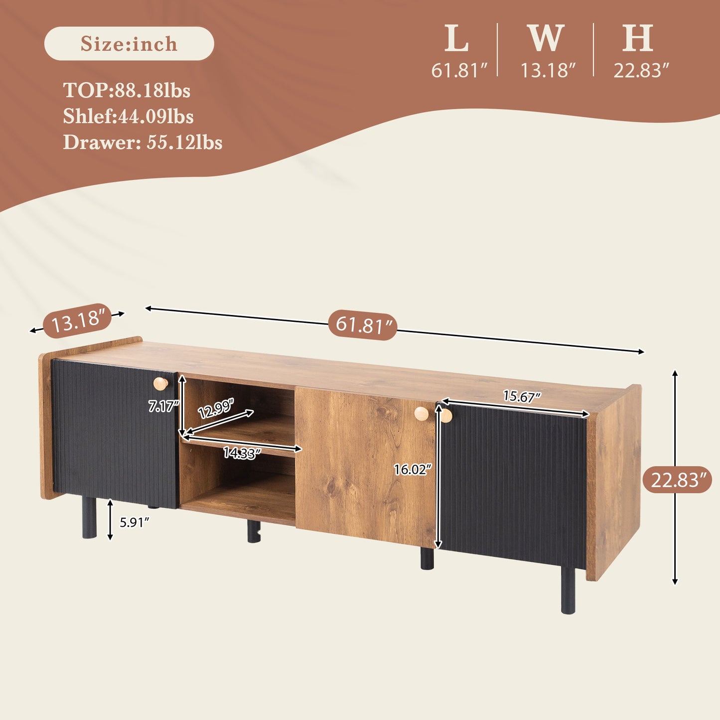 Modern wooden media console with black ribbed doors and open shelving