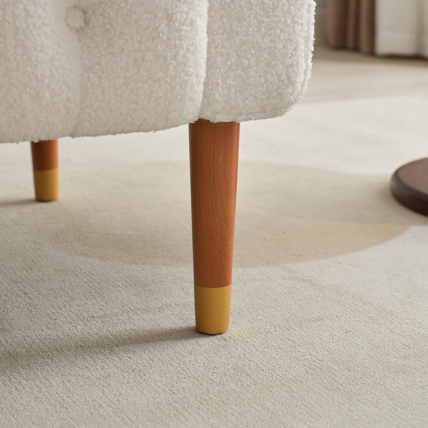 Cream boucle armchair leg with gold tip midcentury modern style