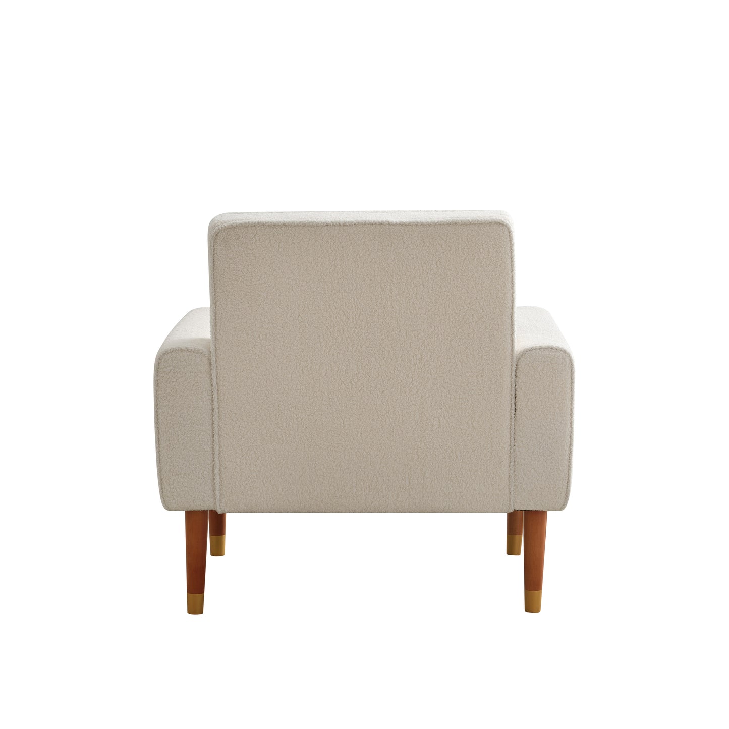 Cozy teddy fabric accent chair in cream with tapered wooden legs and gold accents