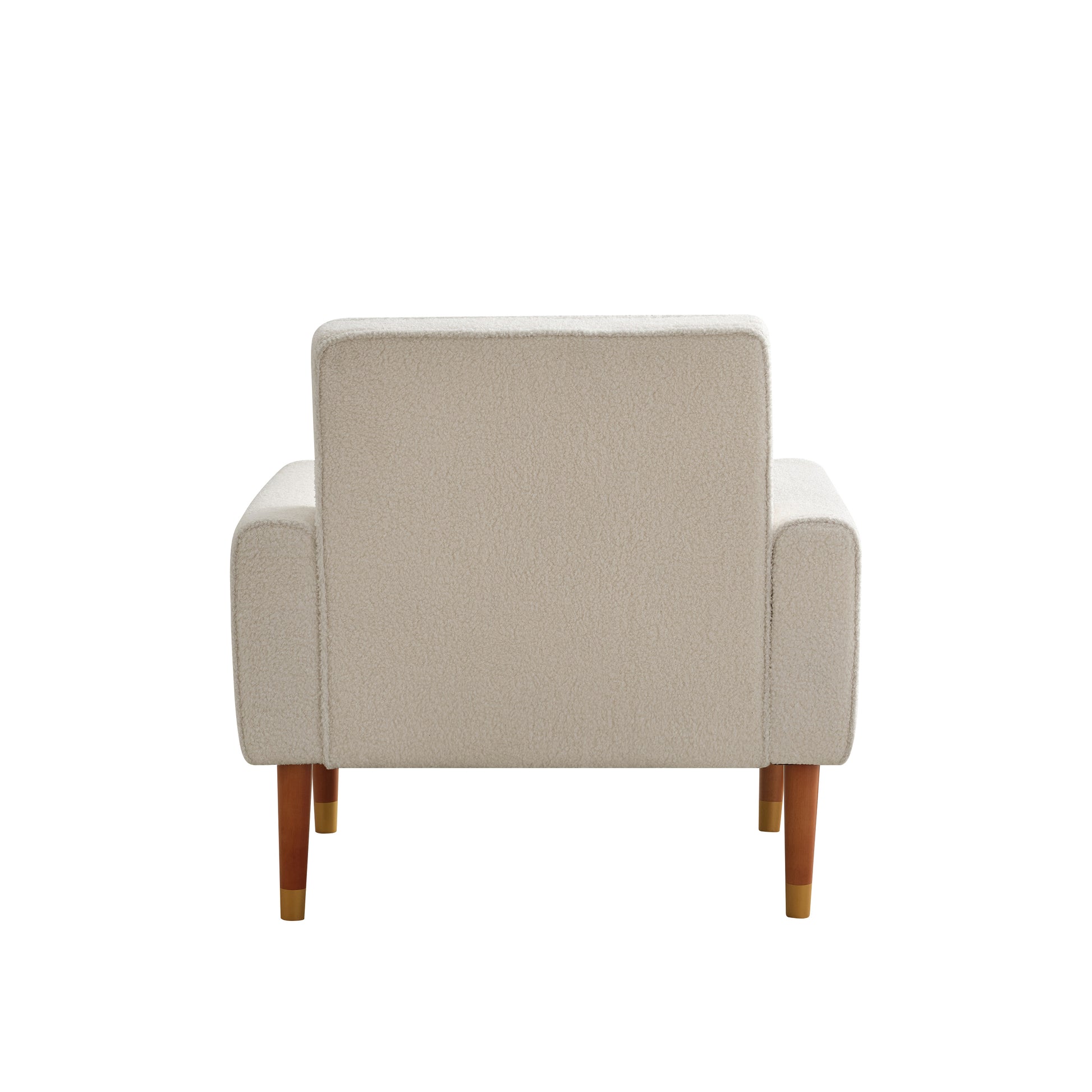 Cozy teddy fabric accent chair in cream with tapered wooden legs and gold accents