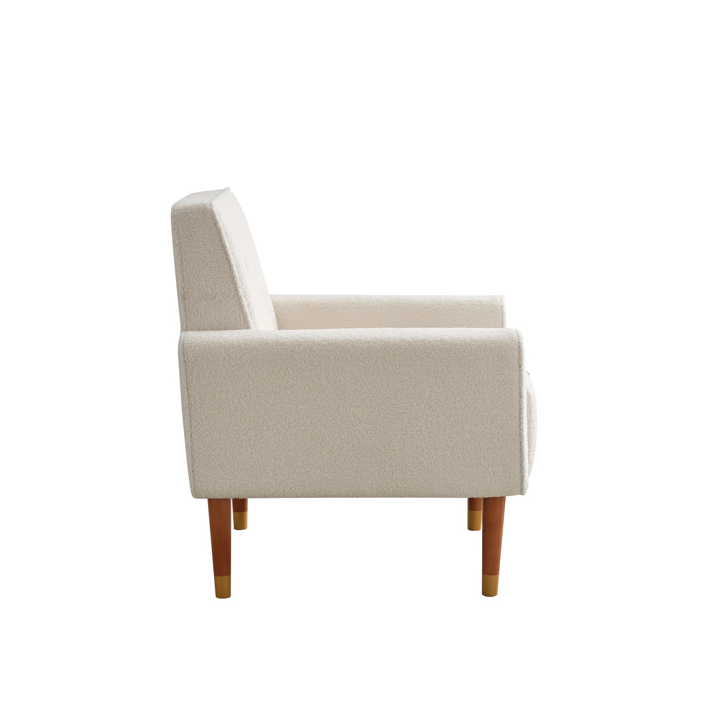 Cream boucle armchair with wooden legs and gold accents perfect for living rooms