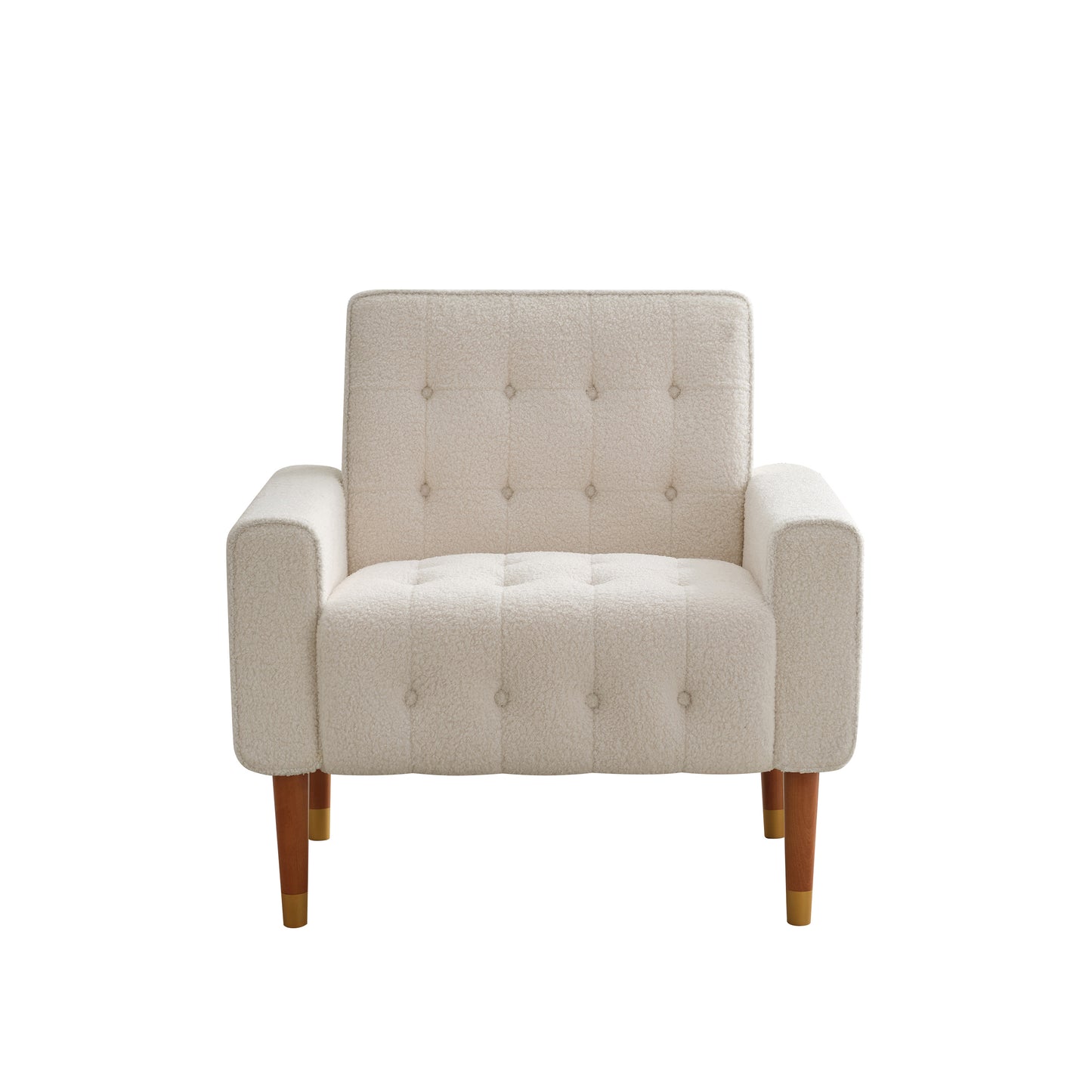 Cream boucle accent chair with tufted back and goldtipped wooden legs for stylish living rooms