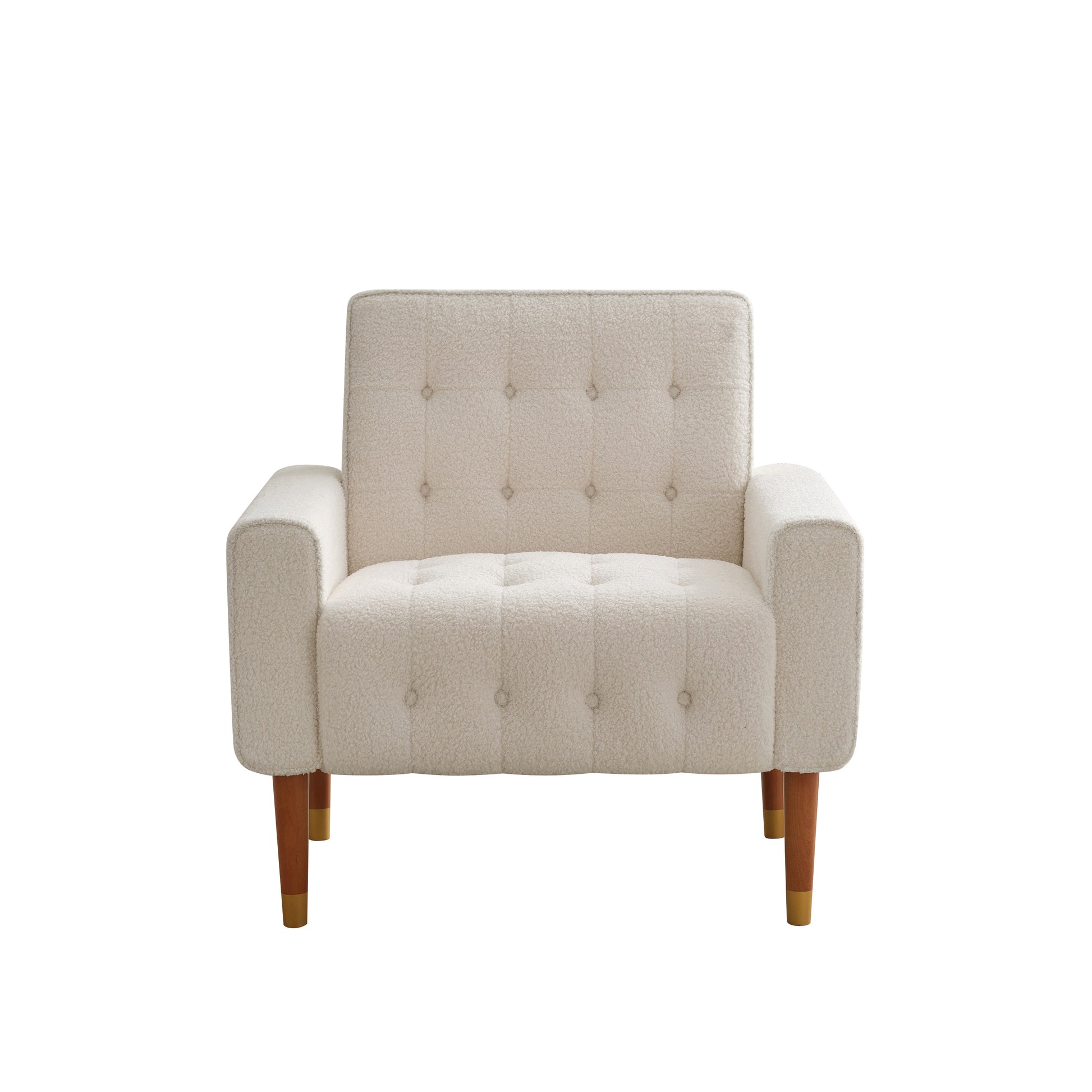 Cream boucle accent chair with tufted back and goldtipped wooden legs for stylish living rooms
