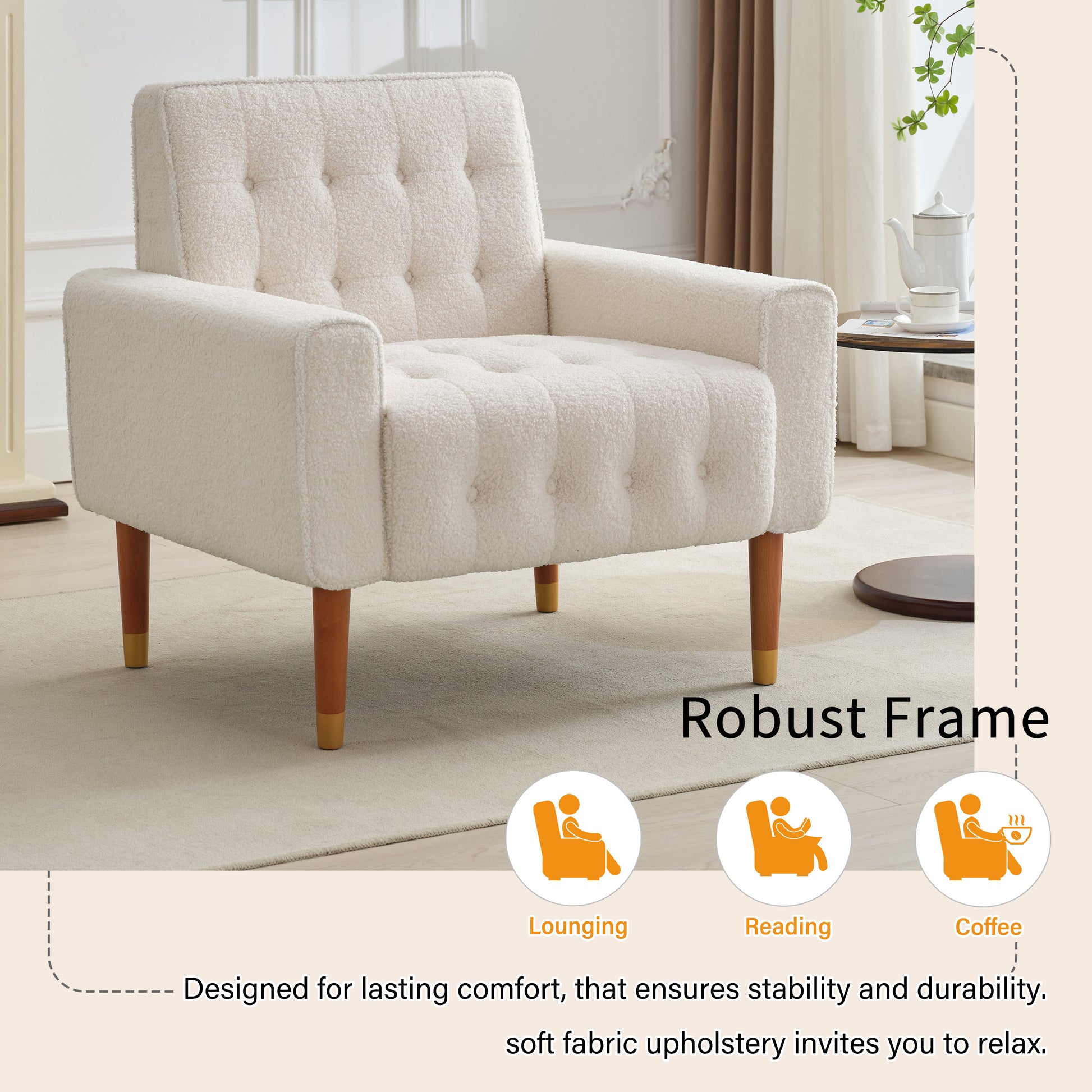 Cream textured armchair with tufted cushions and wooden legs for living room relaxation