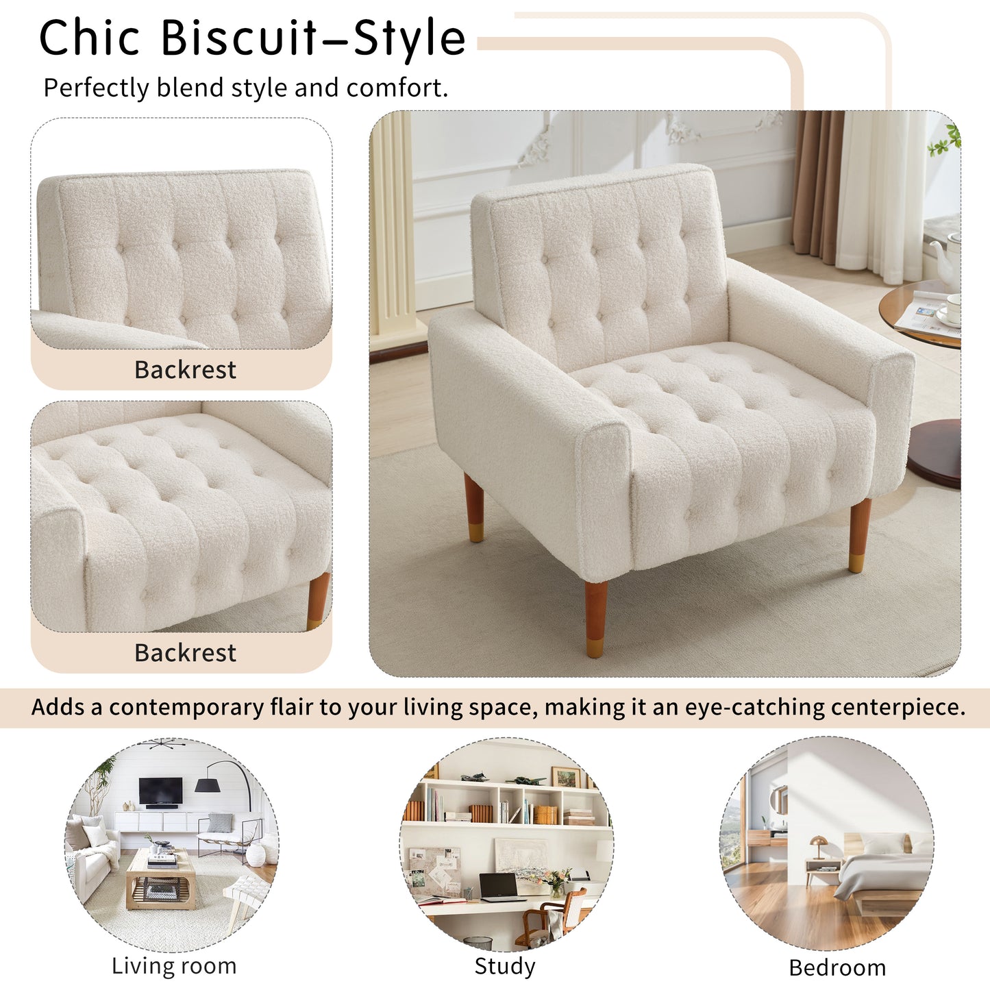 Cream boucl armchair with tufted back and wooden legs perfect for a cozy living room