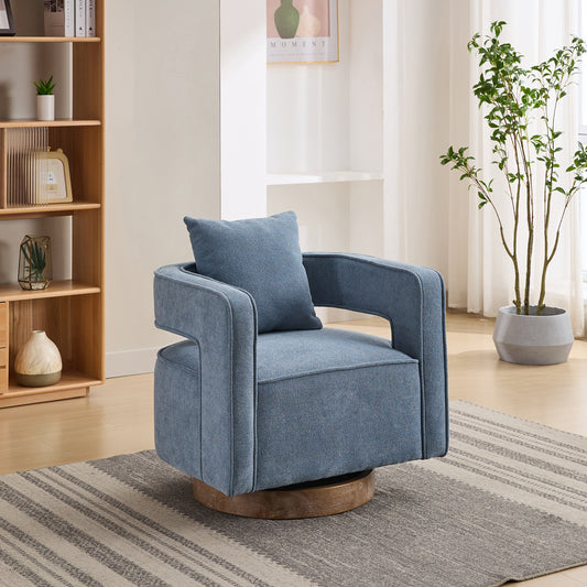 Blue fabric swivel armchair with wooden base and plush cushion