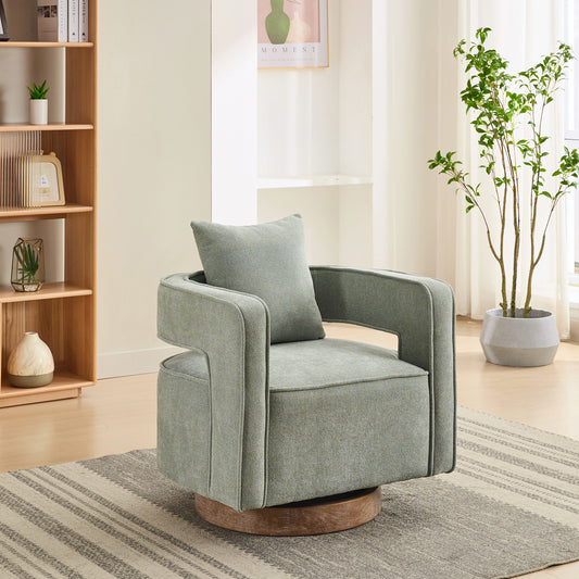Sage green upholstered swivel chair with wooden base and modern design