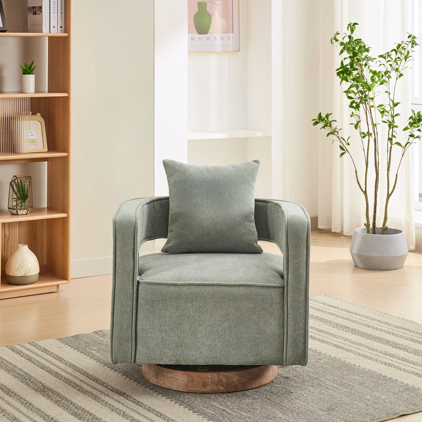 Textured green fabric armchair with a wooden swivel base