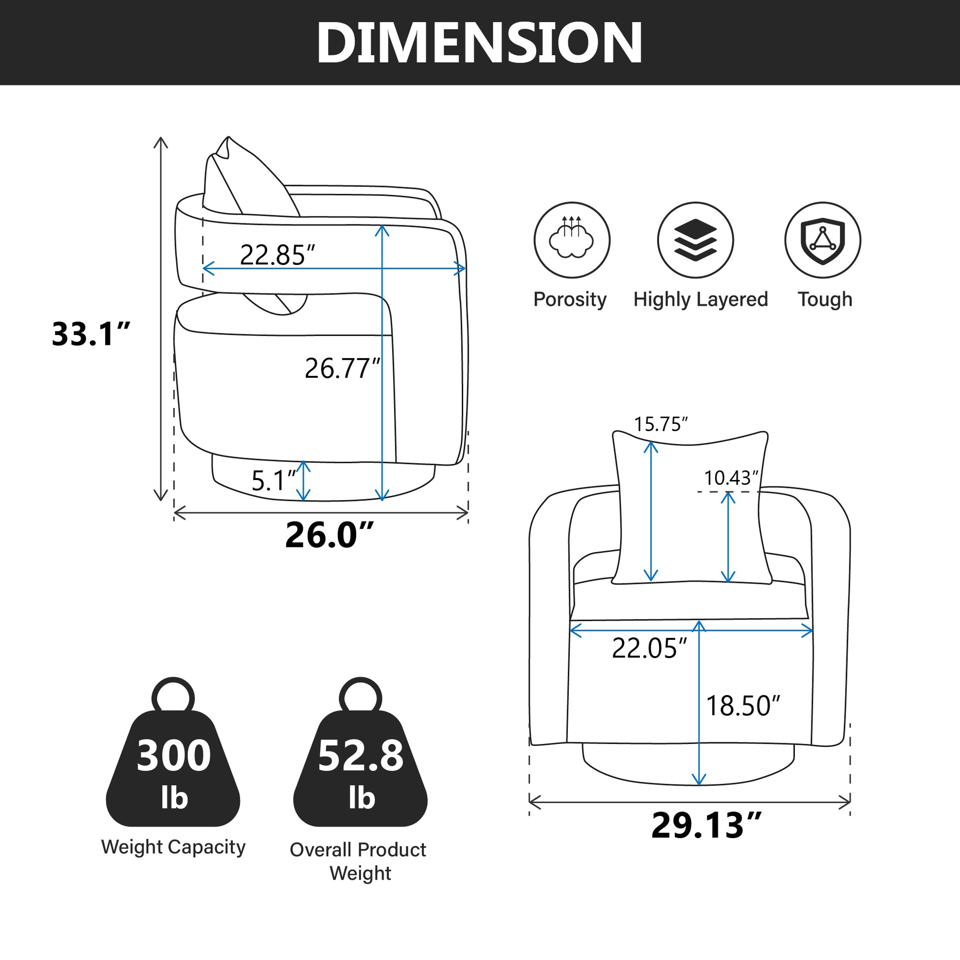 Diagram of swivel chair dimensions height  width  depth