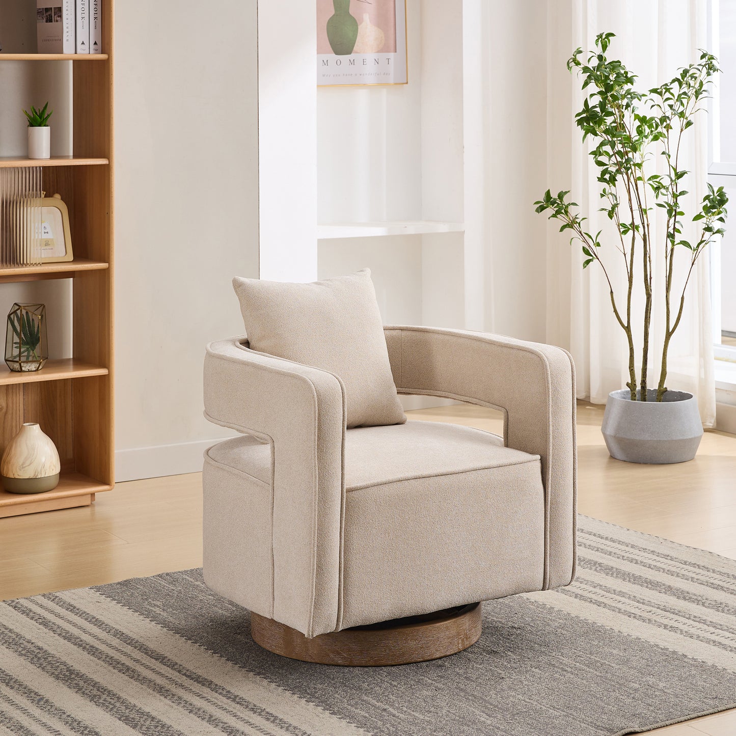 Cream swivel accent chair with boucle fabric and a wood base
