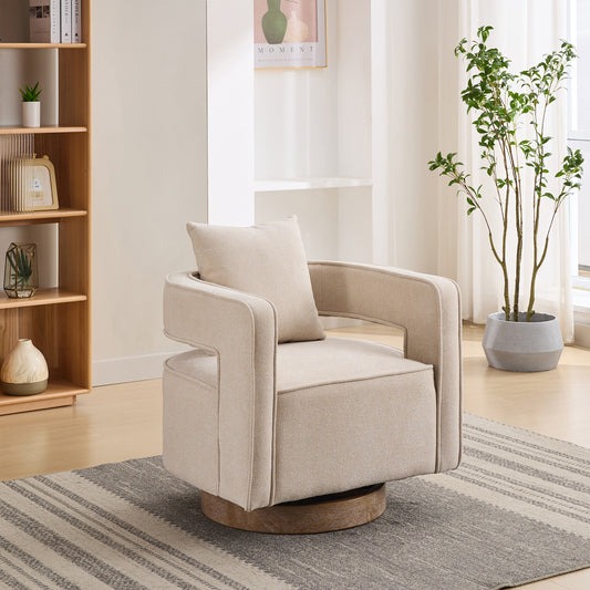 Cream swivel accent chair with boucle fabric and a wood base
