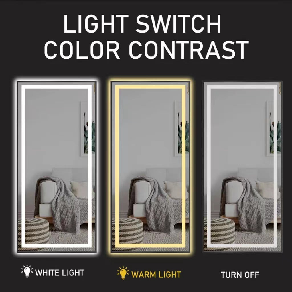 Fulllength mirror with integrated LED lighting showing white light setting