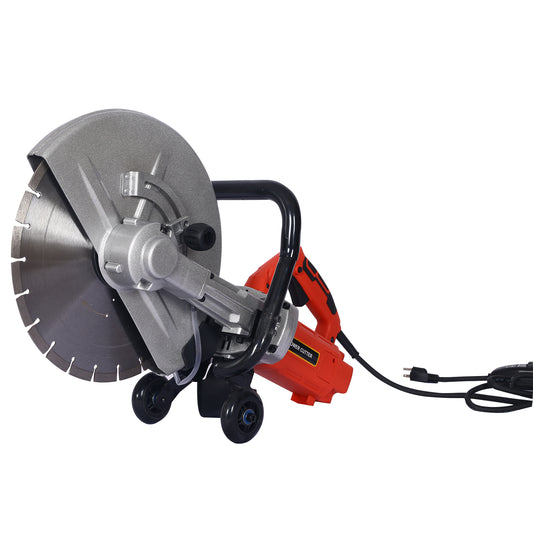 Red and silver power cutter with large diamond blade and wheels ideal for concrete cutting