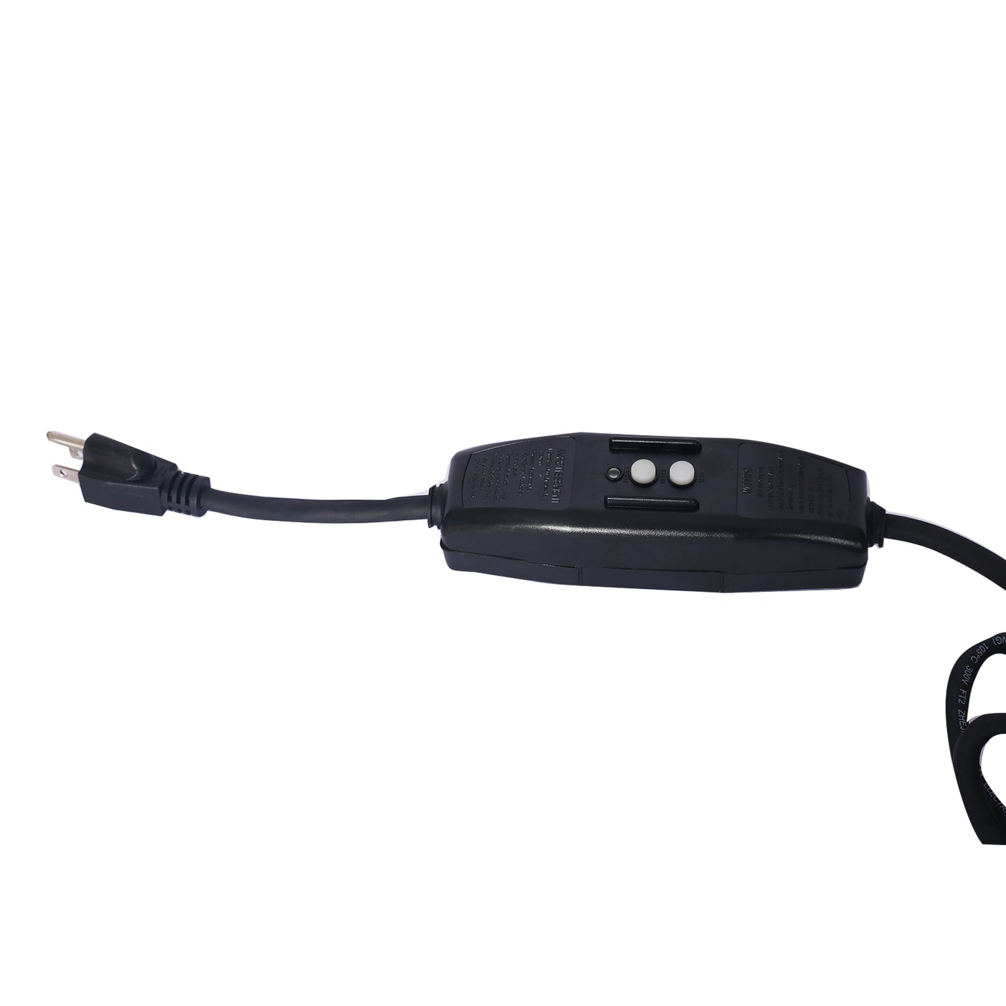 Black inline dimmer switch with two white buttons and a polarized plug for light control
