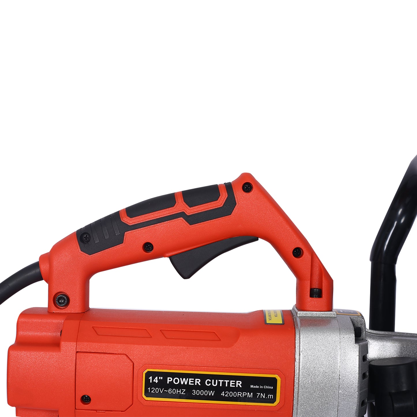 Red and black ergonomic handle on a inch power cutter designed for safe operation