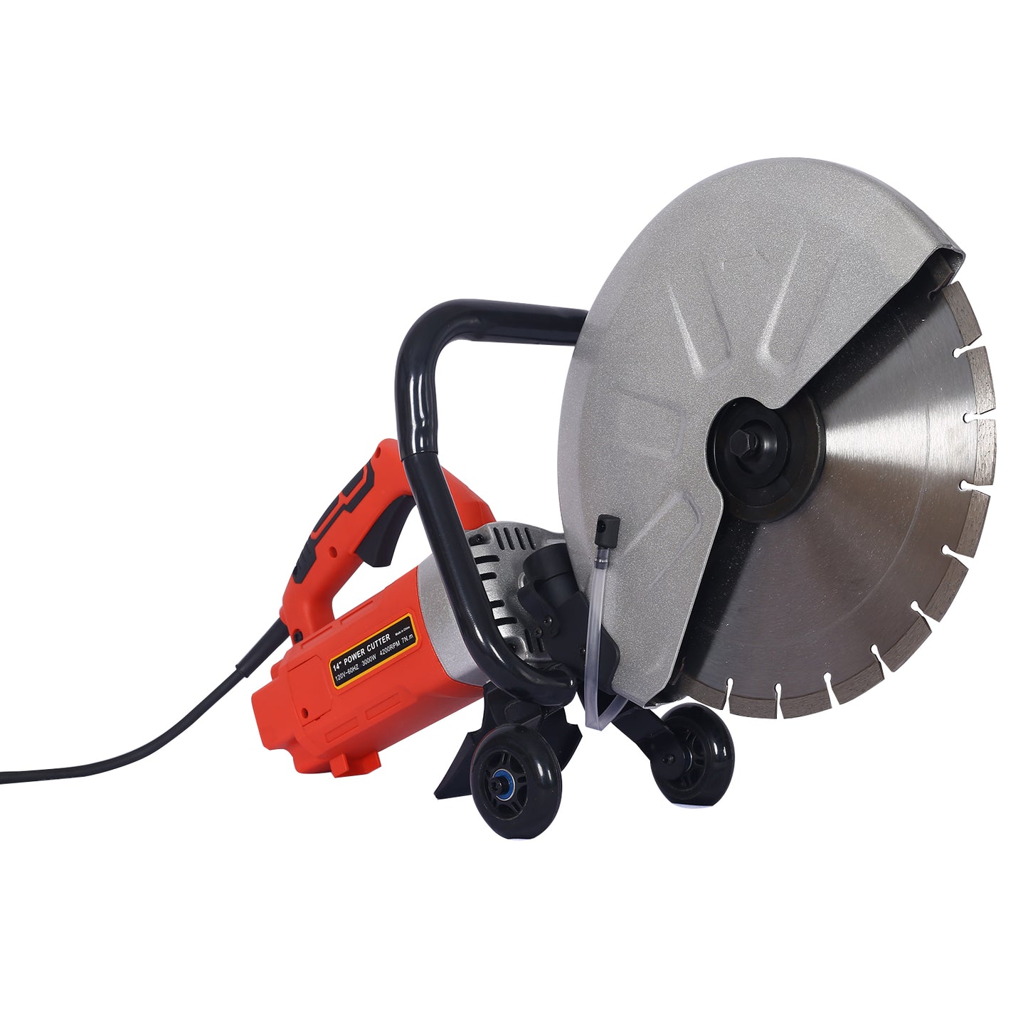 Orange and gray inch power cutter with a large circular blade and rugged wheels
