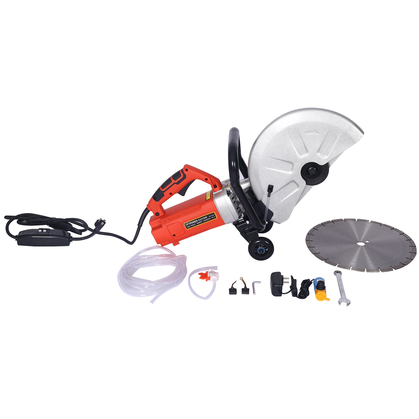 Orange and silver electric concrete cutter with diamond blade and accessories