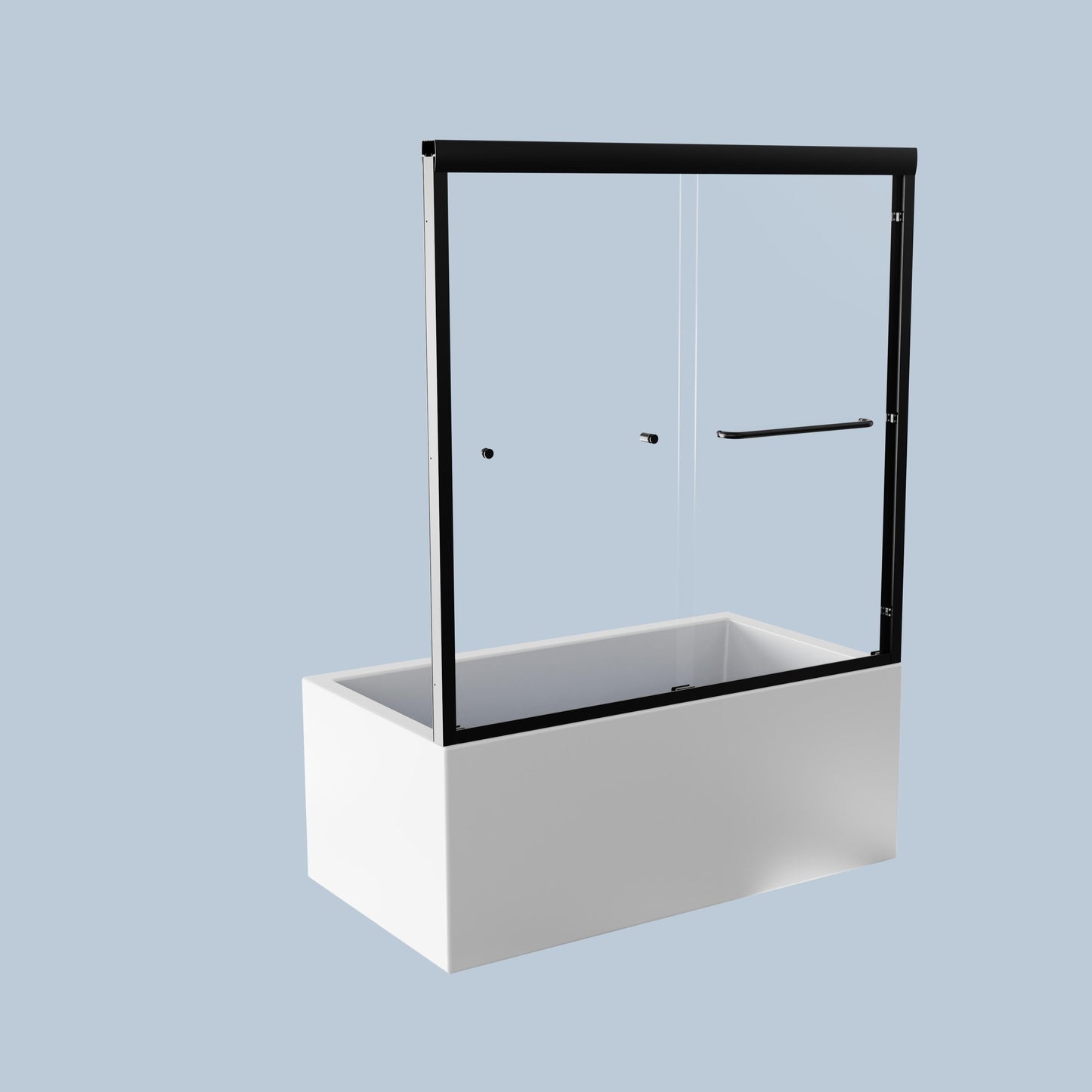 Modern frameless glass shower door with black metal trim and sleek handle for a bathtub