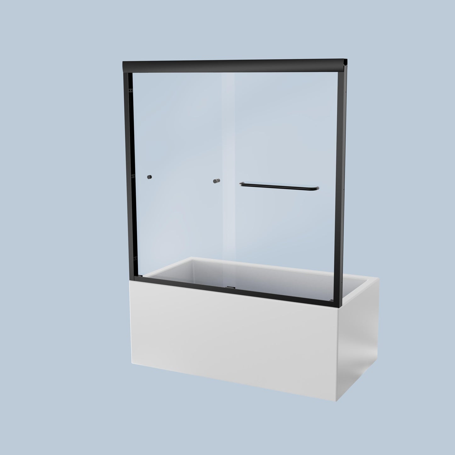 Modern black framed sliding tub door with clear glass and chrome handle