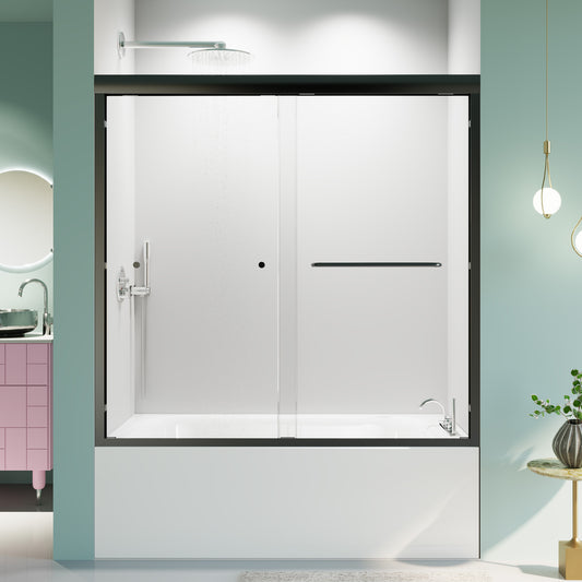 Modern frameless glass shower door with a brushed nickel handle ideal for contemporary bathrooms