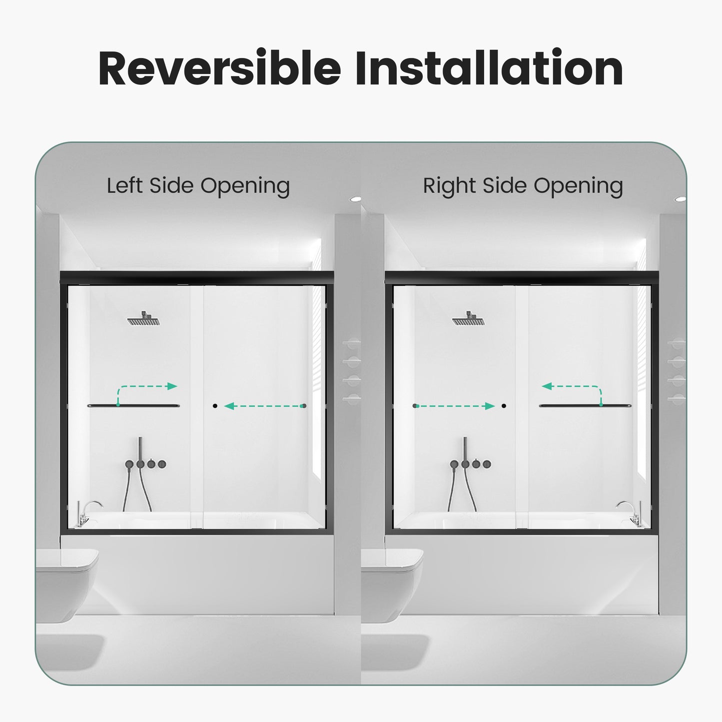 Modern frameless glass shower enclosure with reversible left or right side opening