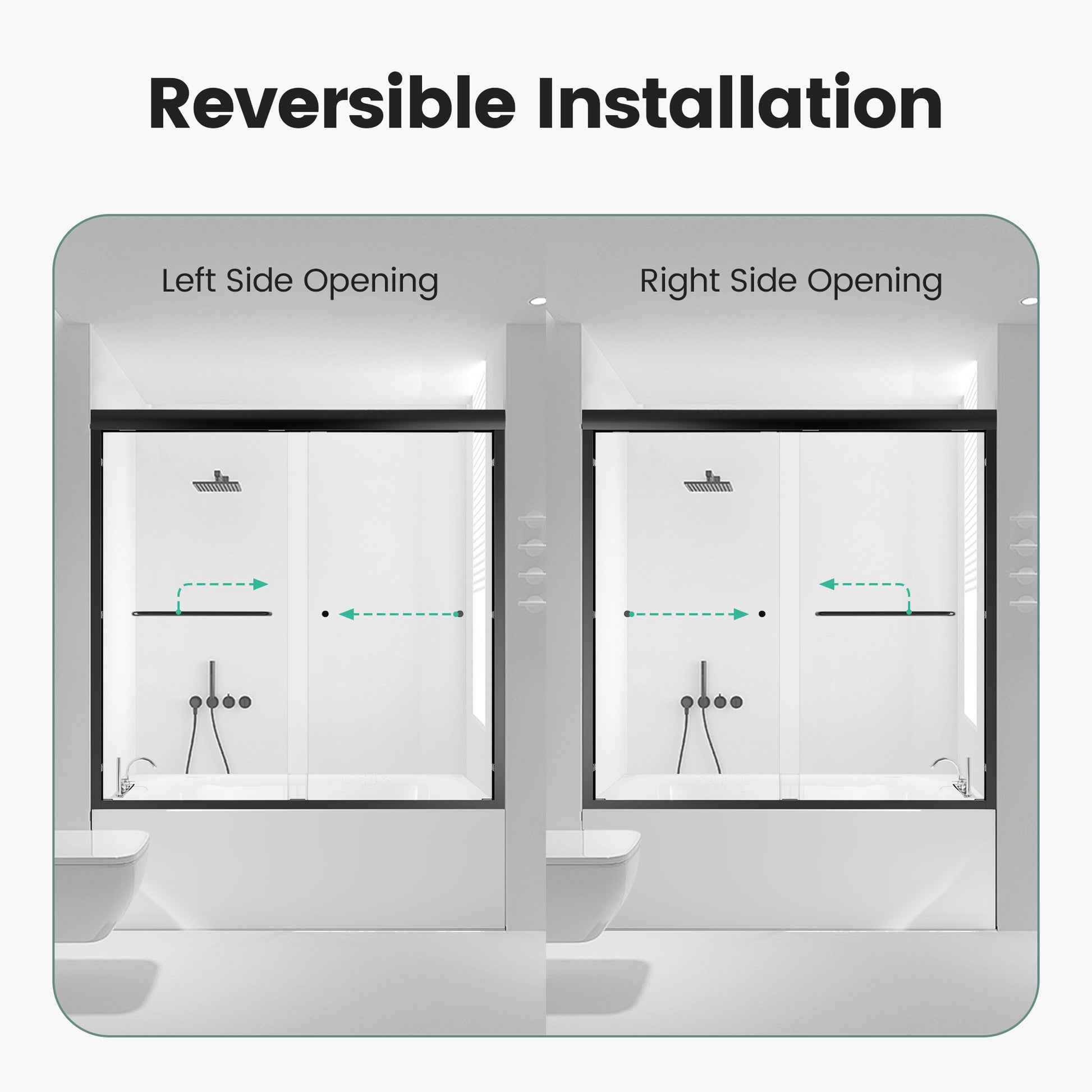 Modern frameless glass shower enclosure with reversible left or right side opening