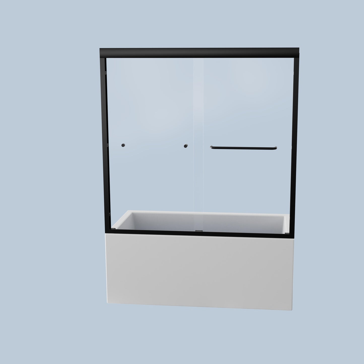Modern black framed glass shower door for a bathtub enclosure