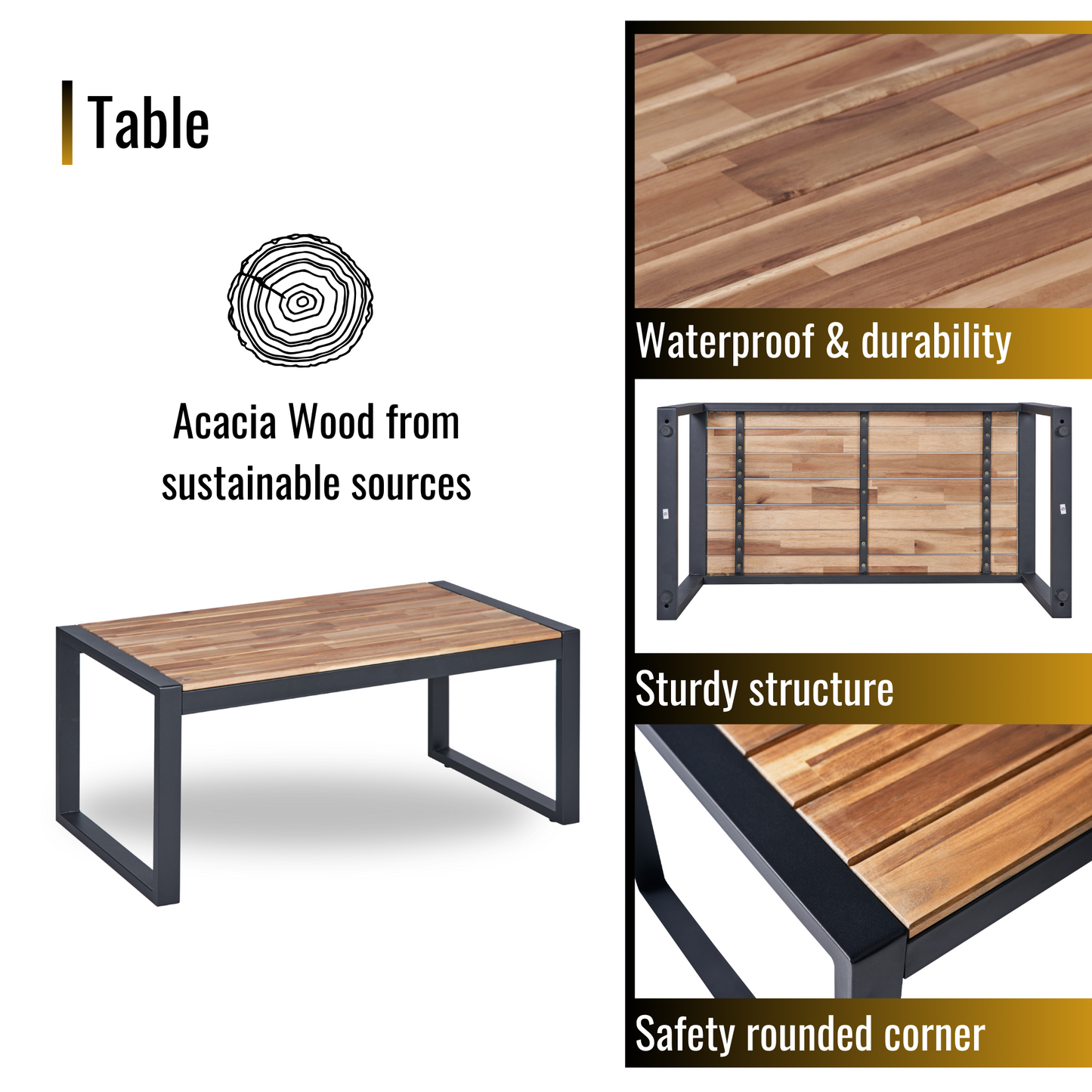 Rectangular acacia wood coffee table with black metal frame