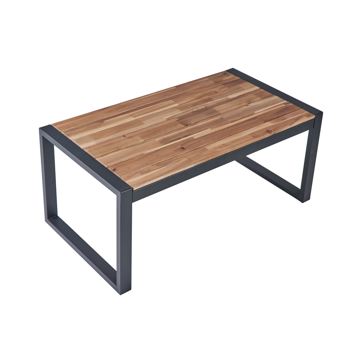 Modern rectangular coffee table with slatted acacia wood top and dark metal frame
