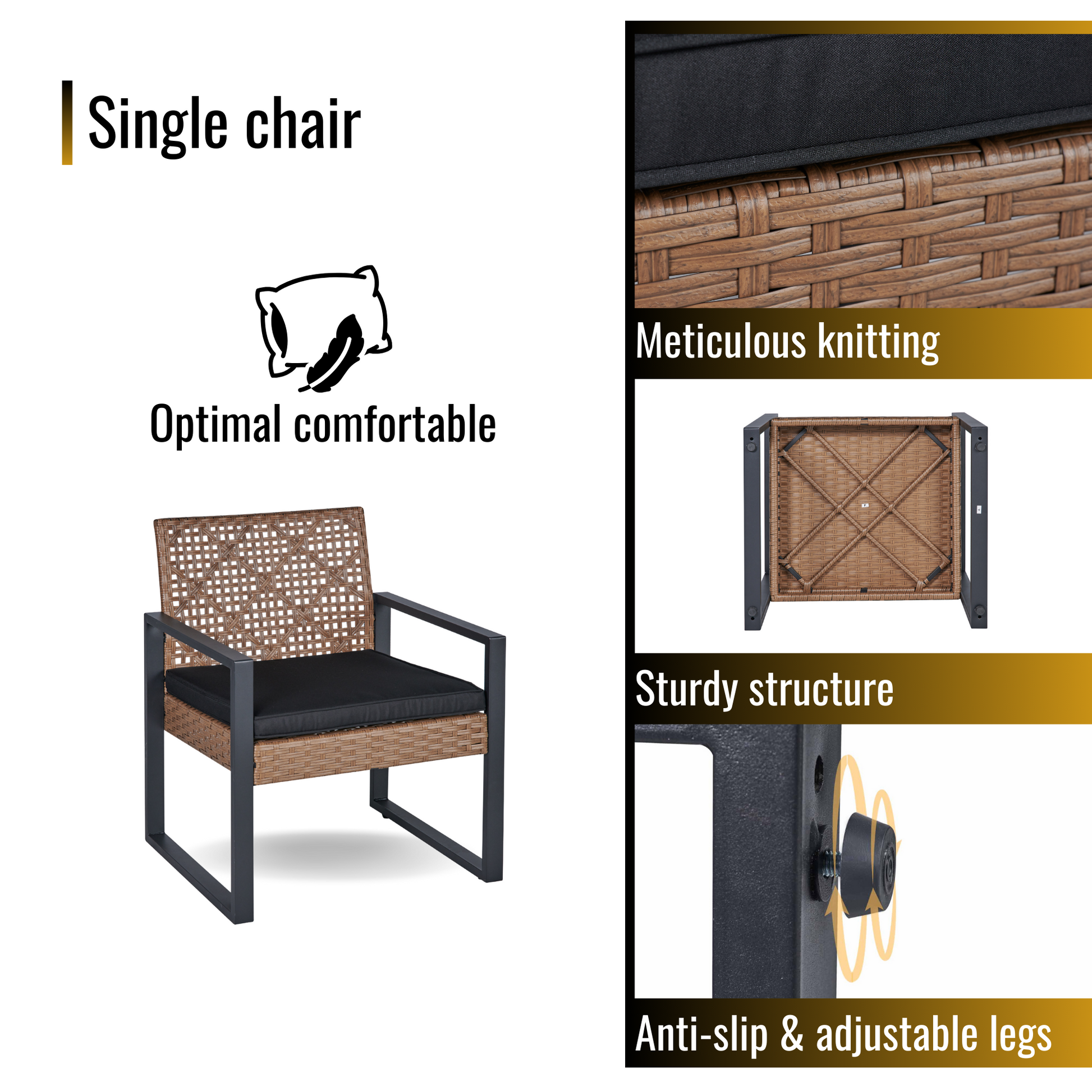 Brown wicker single chair with black cushion and metal frame