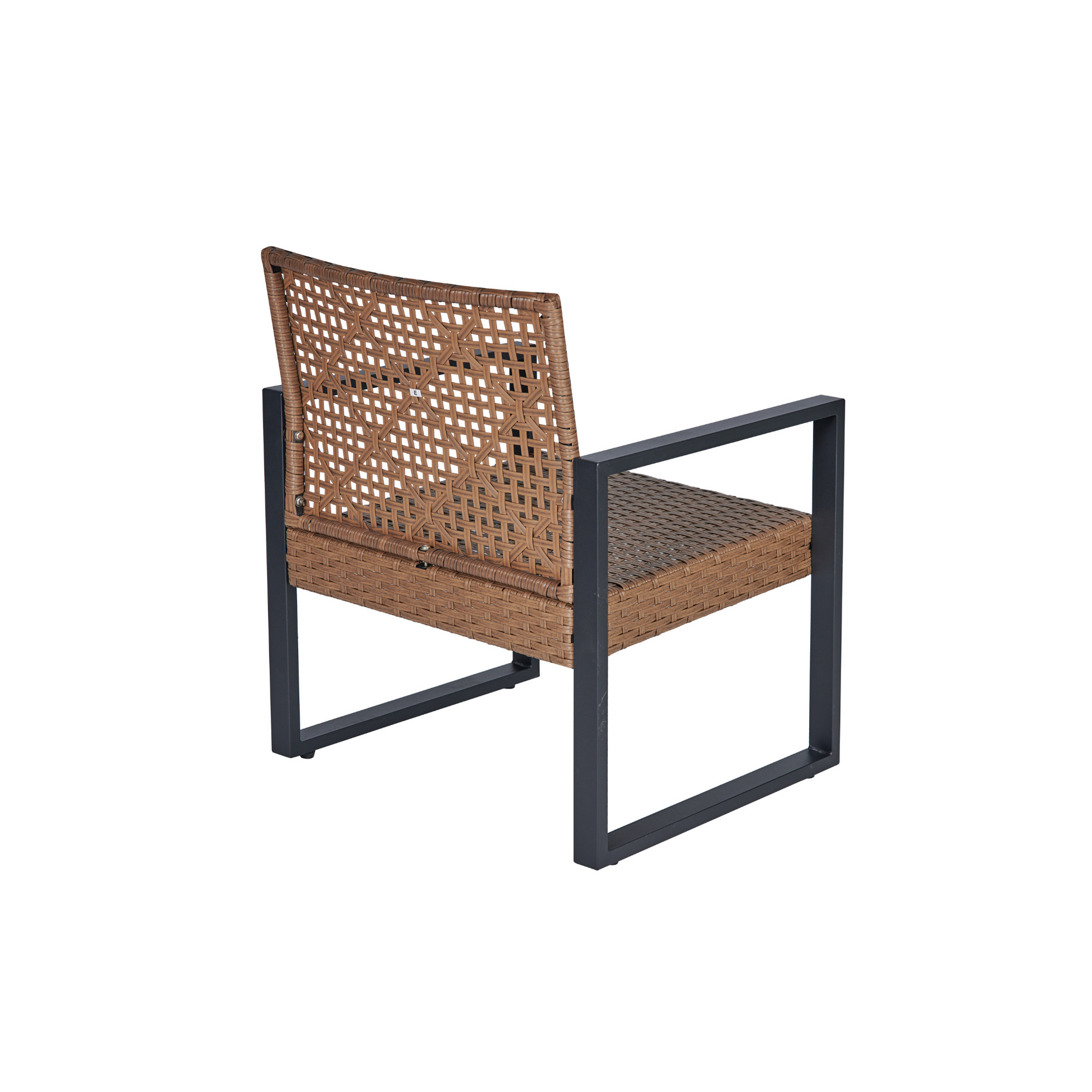 Brown rattan armchair with modern black metal frame for outdoor patio