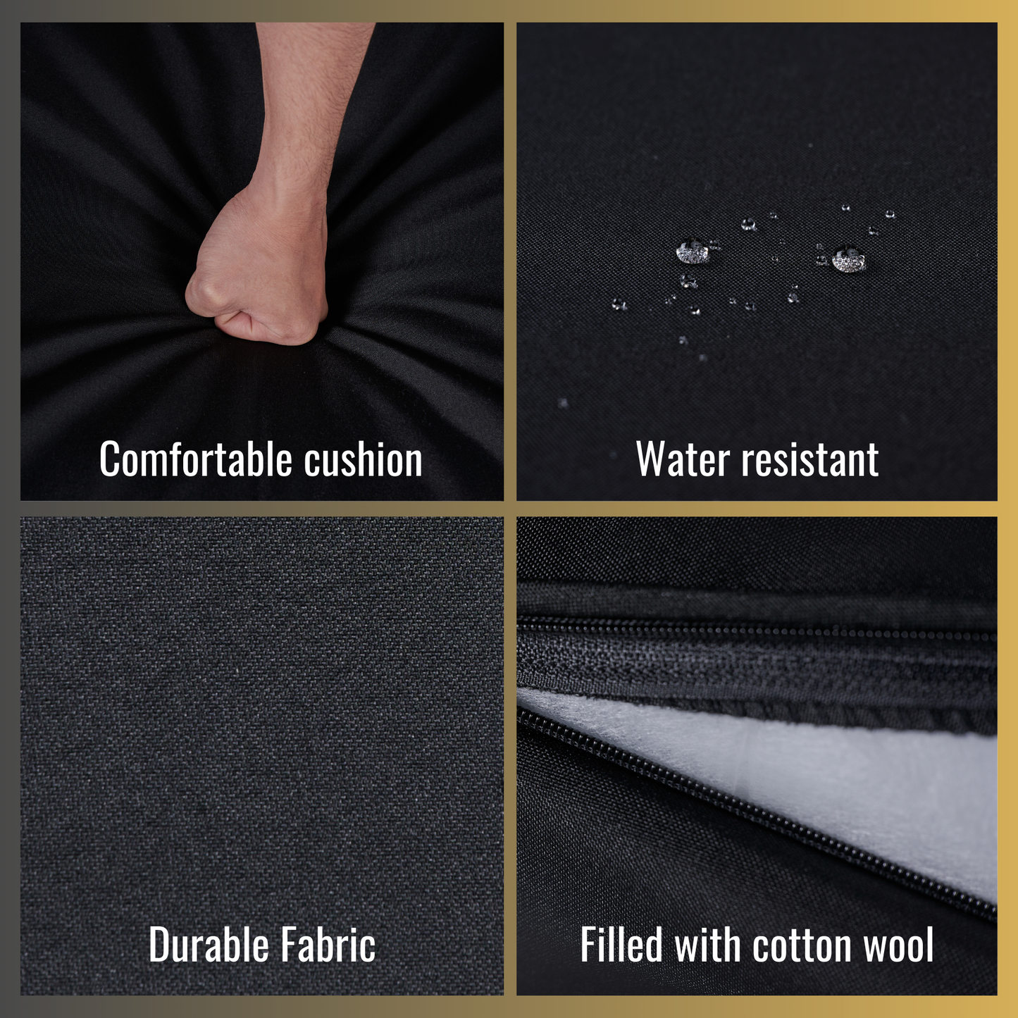 Black comfortable cushion with textured fabric demonstrating plush seating