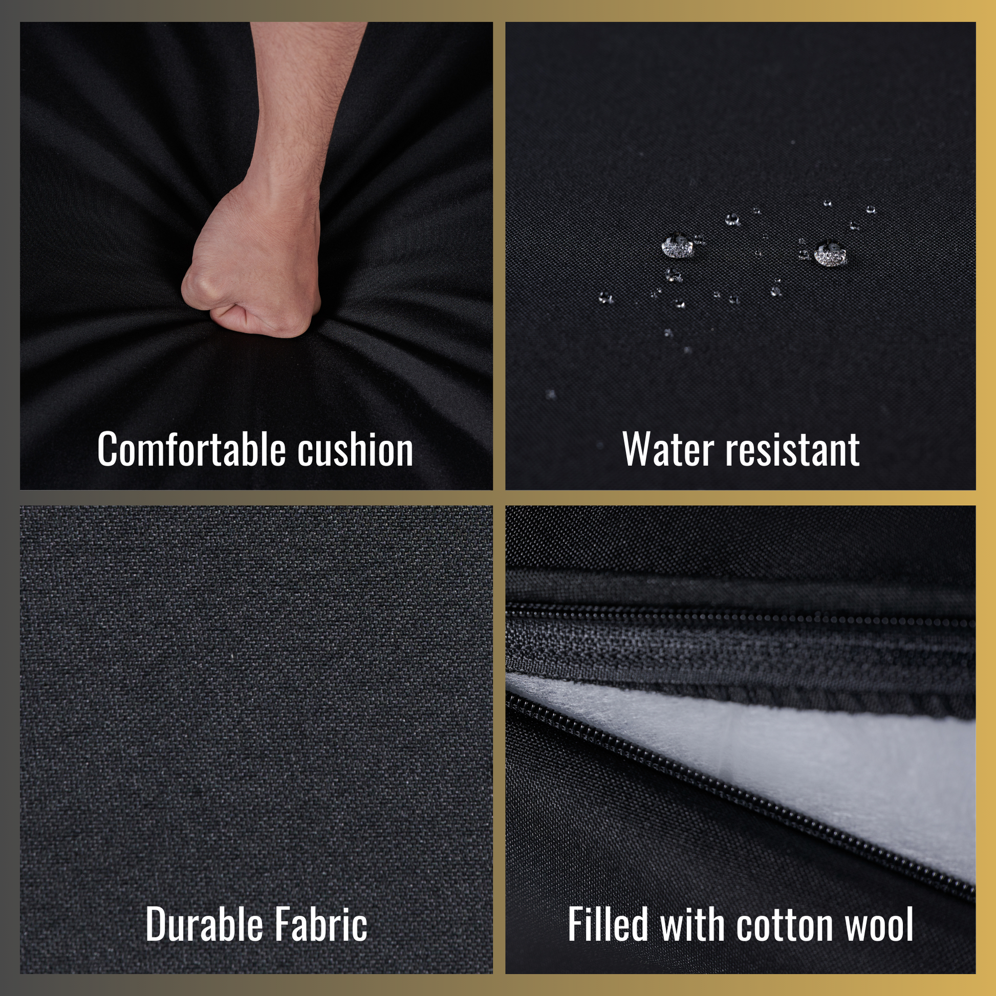 Black comfortable cushion with textured fabric demonstrating plush seating