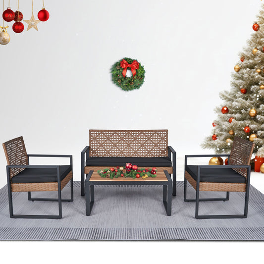 Brown rattan patio loveseat with black cushions and woven back