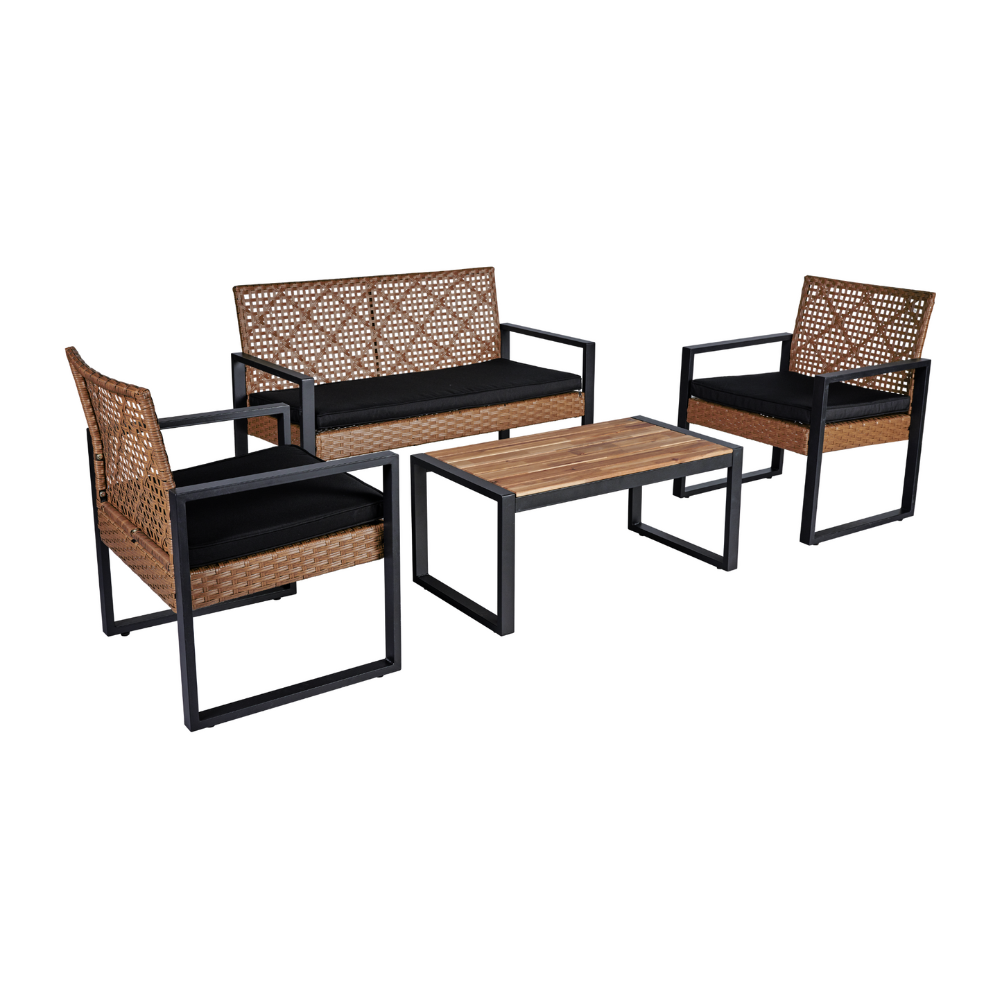 Brown rattan patio furniture set with black cushions and woodslat coffee table