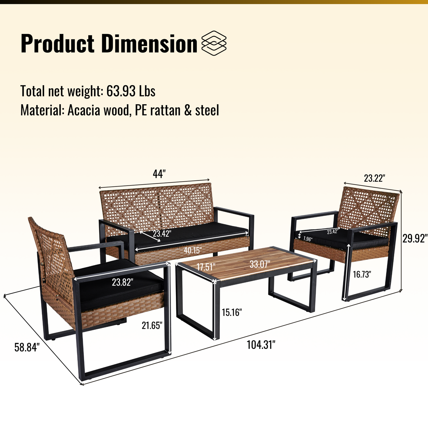 Brown wicker patio furniture set with black cushions and acacia wood coffee table