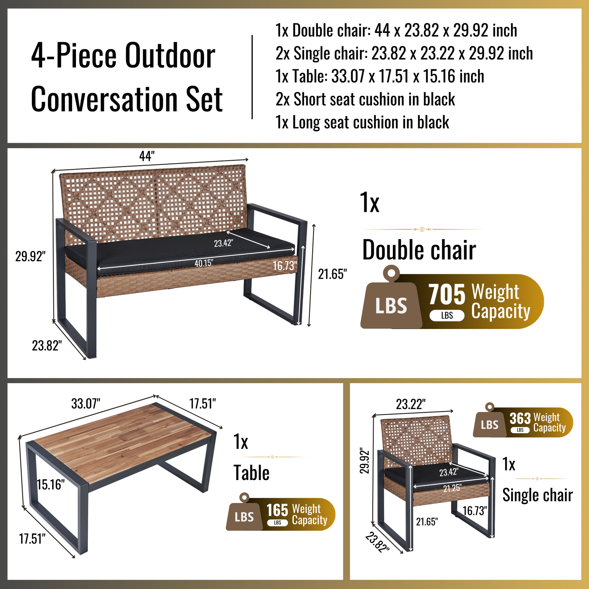 Woven wicker double outdoor chair with black cushion and metal frame
