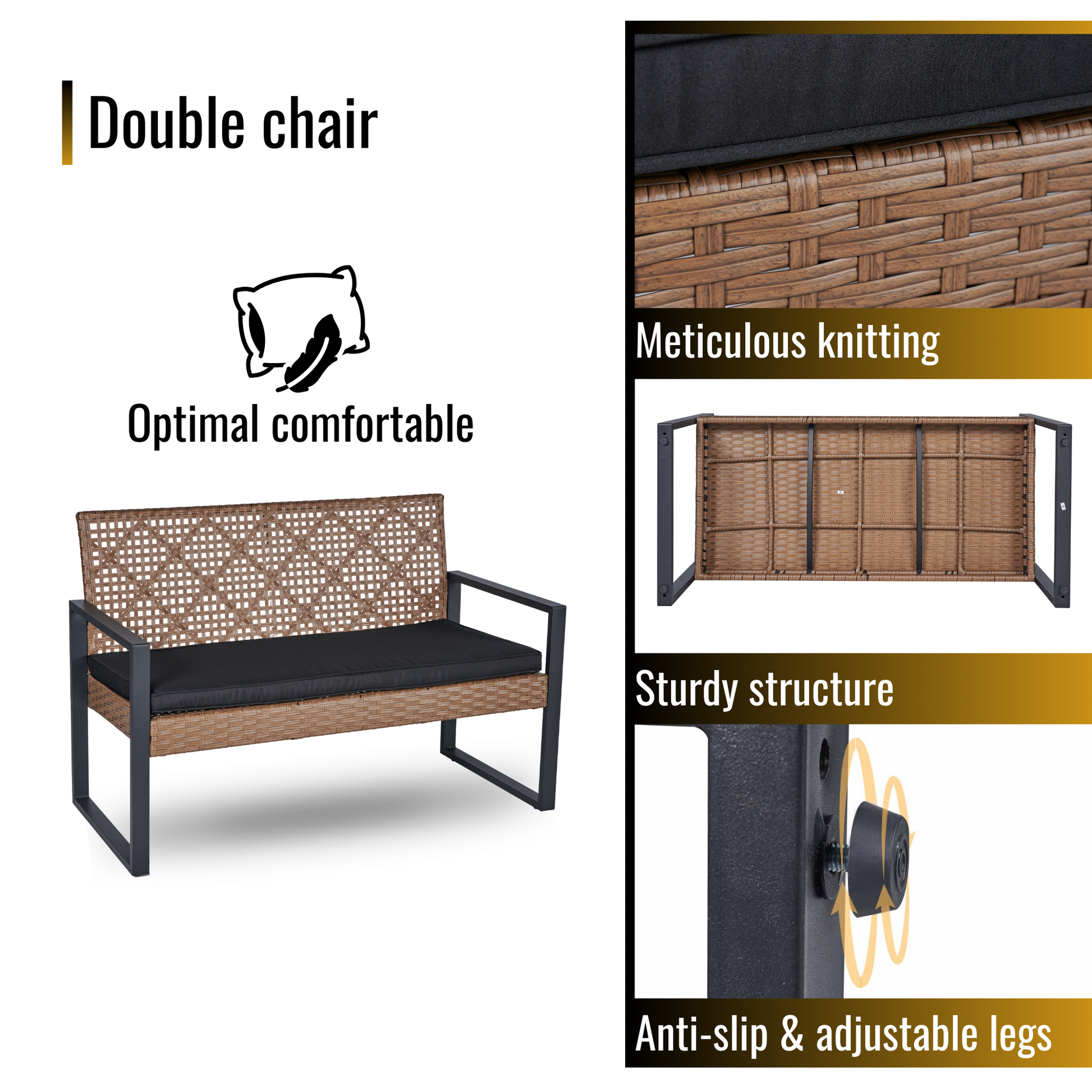 Woven rattan double chair with black cushion and dark metal frame perfect for patio seating