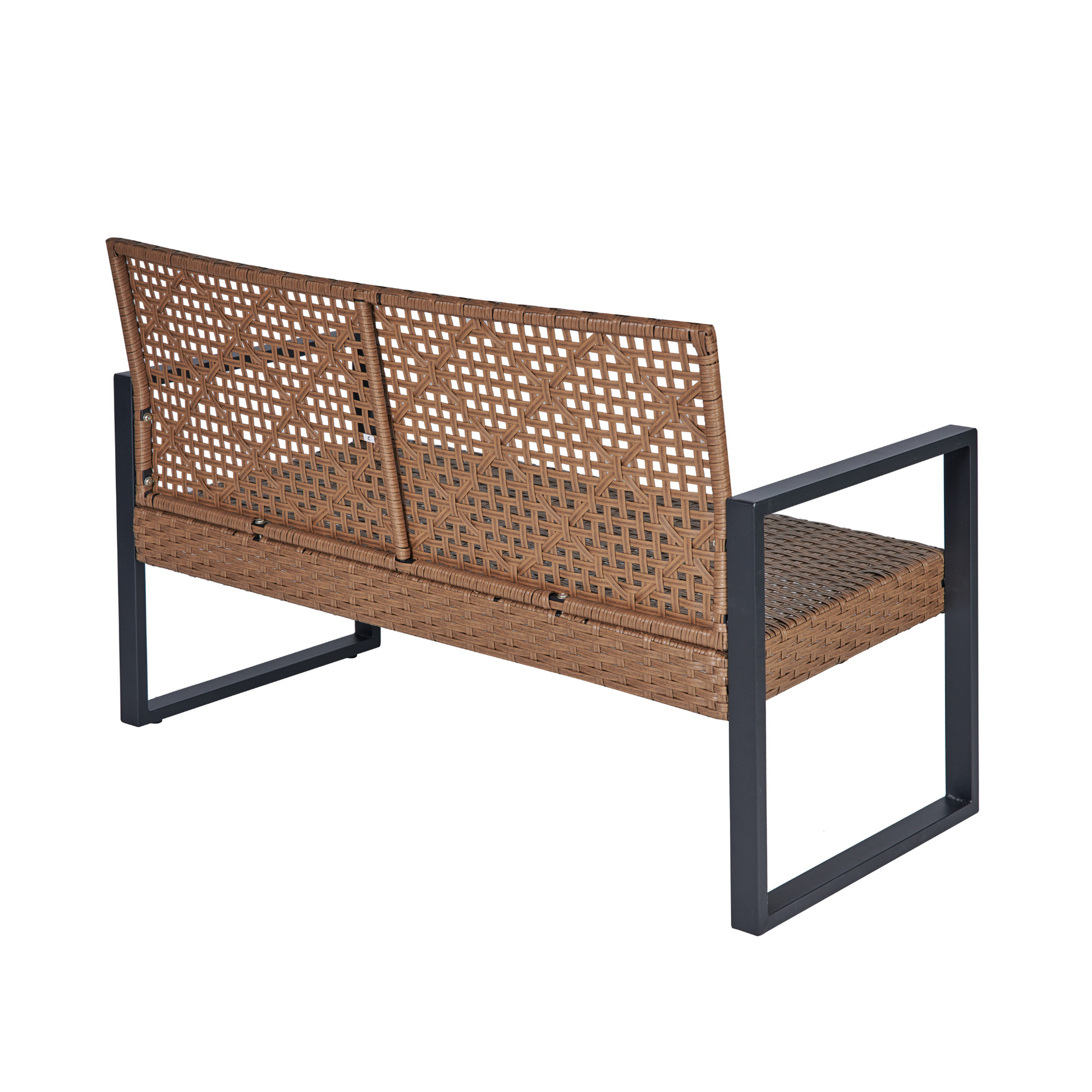 Brown rattan bench with modern dark metal frame ideal for patio seating