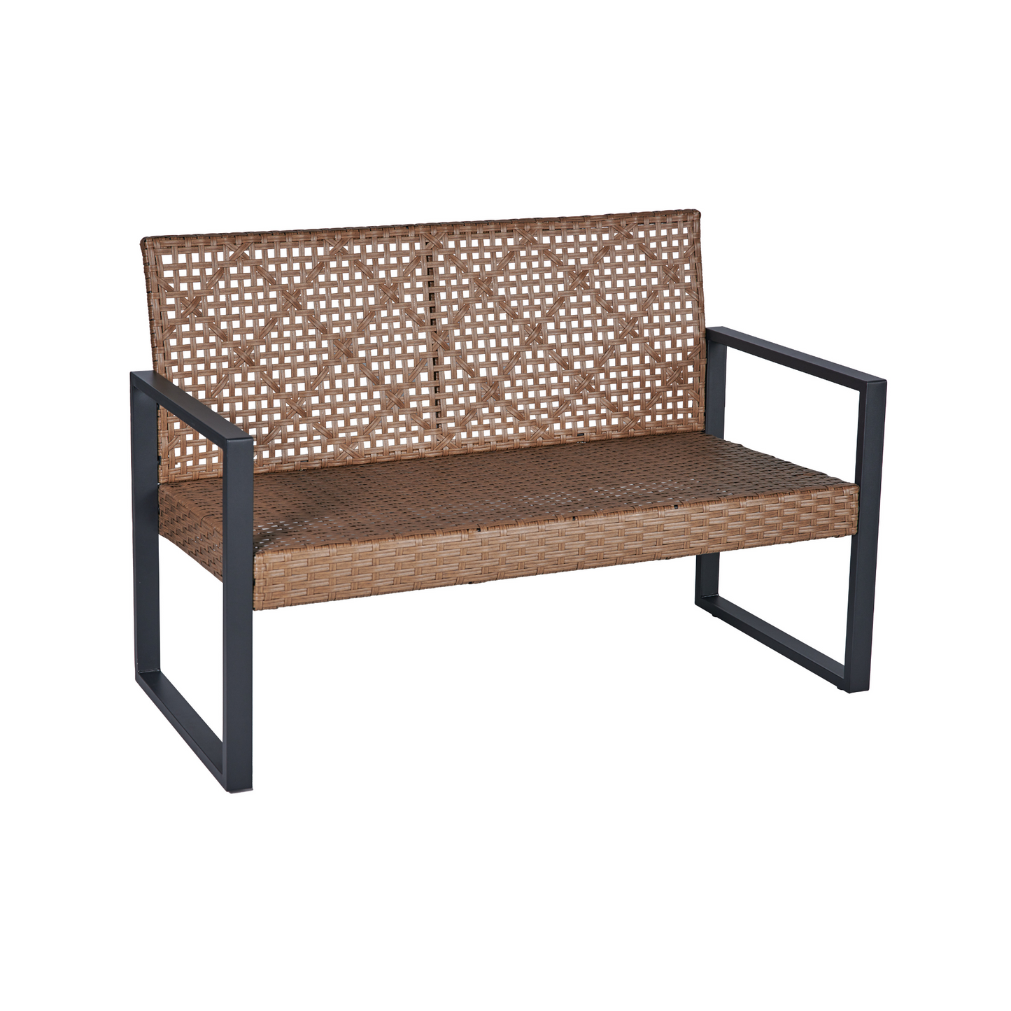 Brown rattan outdoor bench with black metal frame and geometric backrest