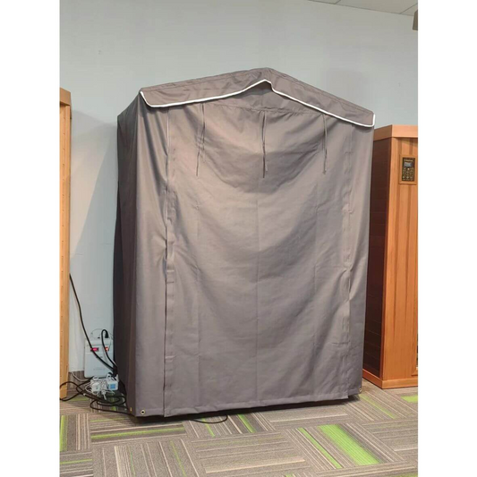 Grey portable sauna tent with white trim suitable for home use