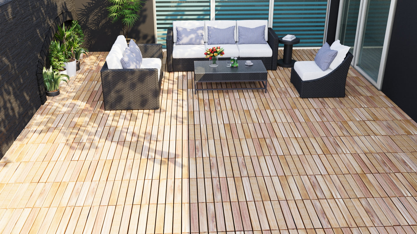 Wicker outdoor furniture set with striped cushions on a light wood deck
