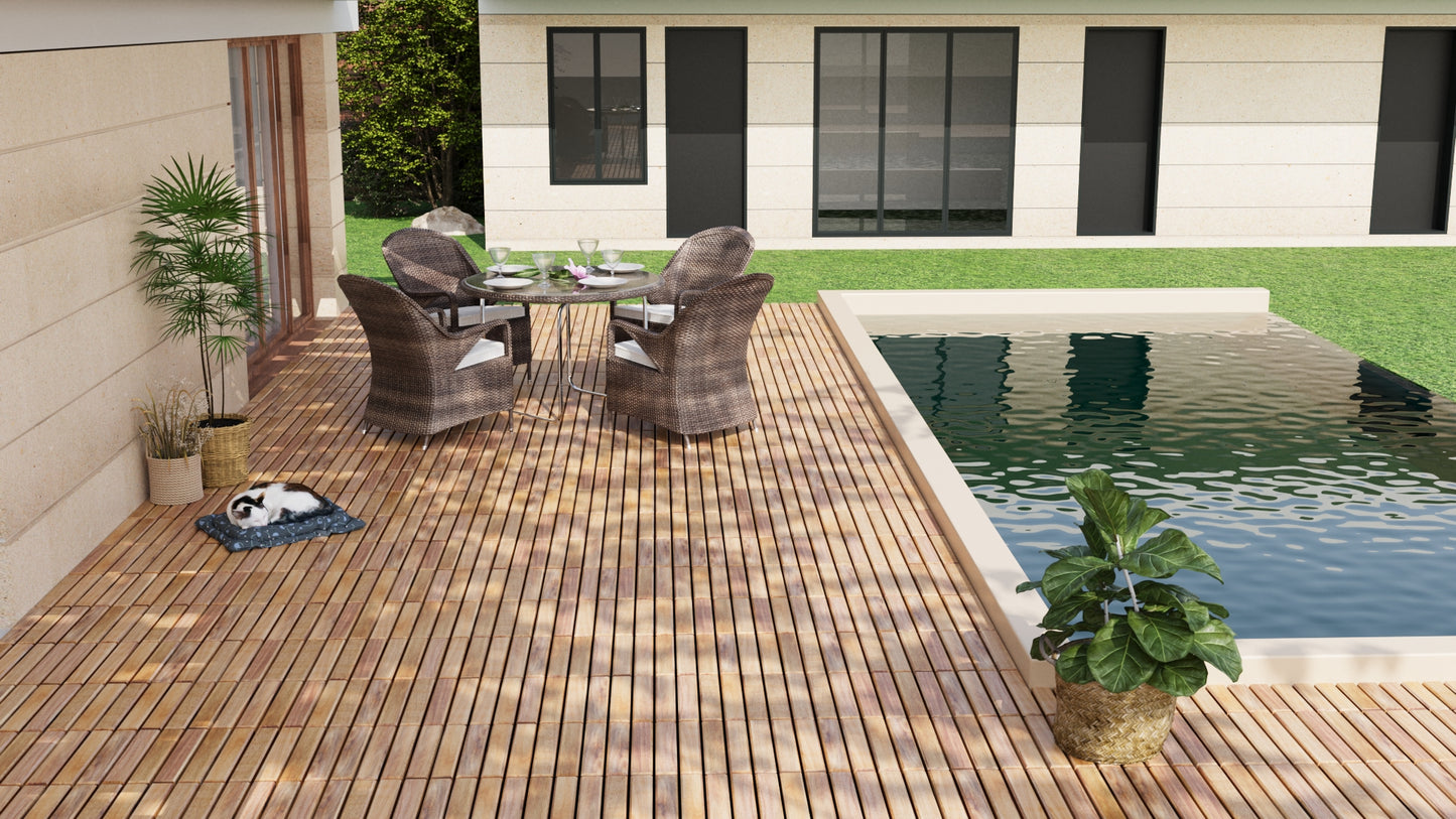 Brown rattan patio furniture set with glass table and cushions by a swimming pool