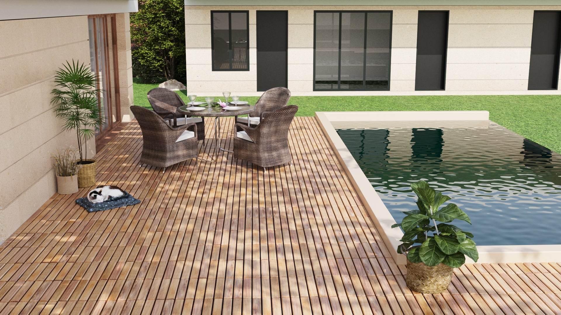 Brown rattan patio furniture set with glass table and cushions by a swimming pool