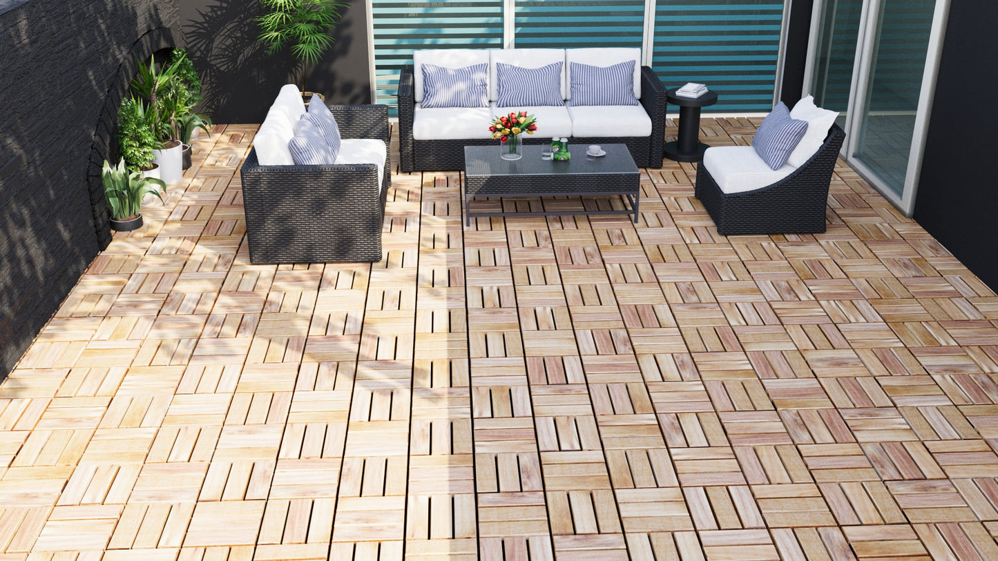 Contemporary patio furniture set with black wicker sofa chairs and coffee table on wooden deck tiles