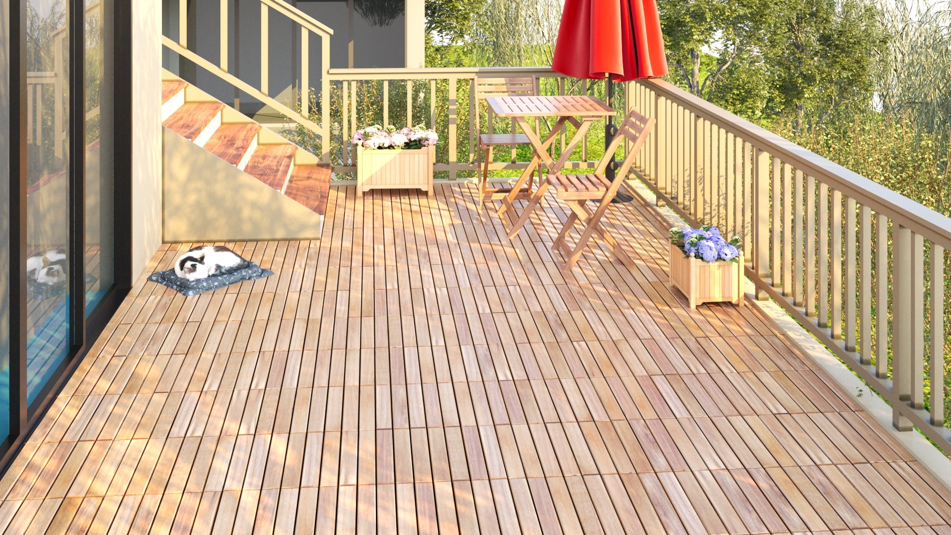 Wooden deck tiles with a cat napping on a blue mat